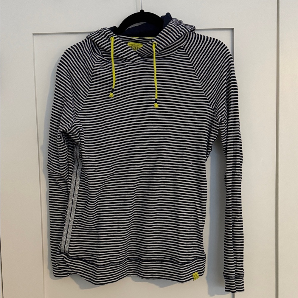 Joules Navy and White Striped Hoodie with Neon Yellow Detail/Silver Side Stripes